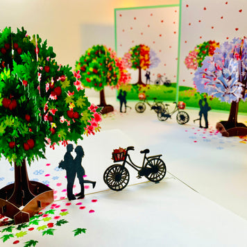 LUXURY Silhouette Couple Kissing Under a Four Seasons Tree 3D POP UP GREETING CARD - Created by Origami Pop Cards Australian Design & Handmade 3D Pop Up Magical Paper Cards, Handmade Pop Cards Happy Valentine's Day Celebrate Love Heart Fell Romantic