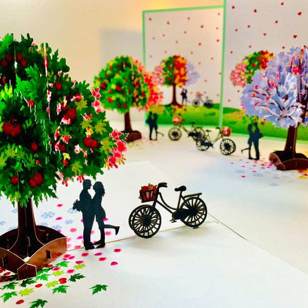 LUXURY Silhouette Couple Kissing Under a Four Seasons Tree 3D POP UP GREETING CARD - Created by Origami Pop Cards Australian Design & Handmade 3D Pop Up Magical Paper Cards, Handmade Pop Cards Happy Valentine's Day Celebrate Love Heart Fell Romantic