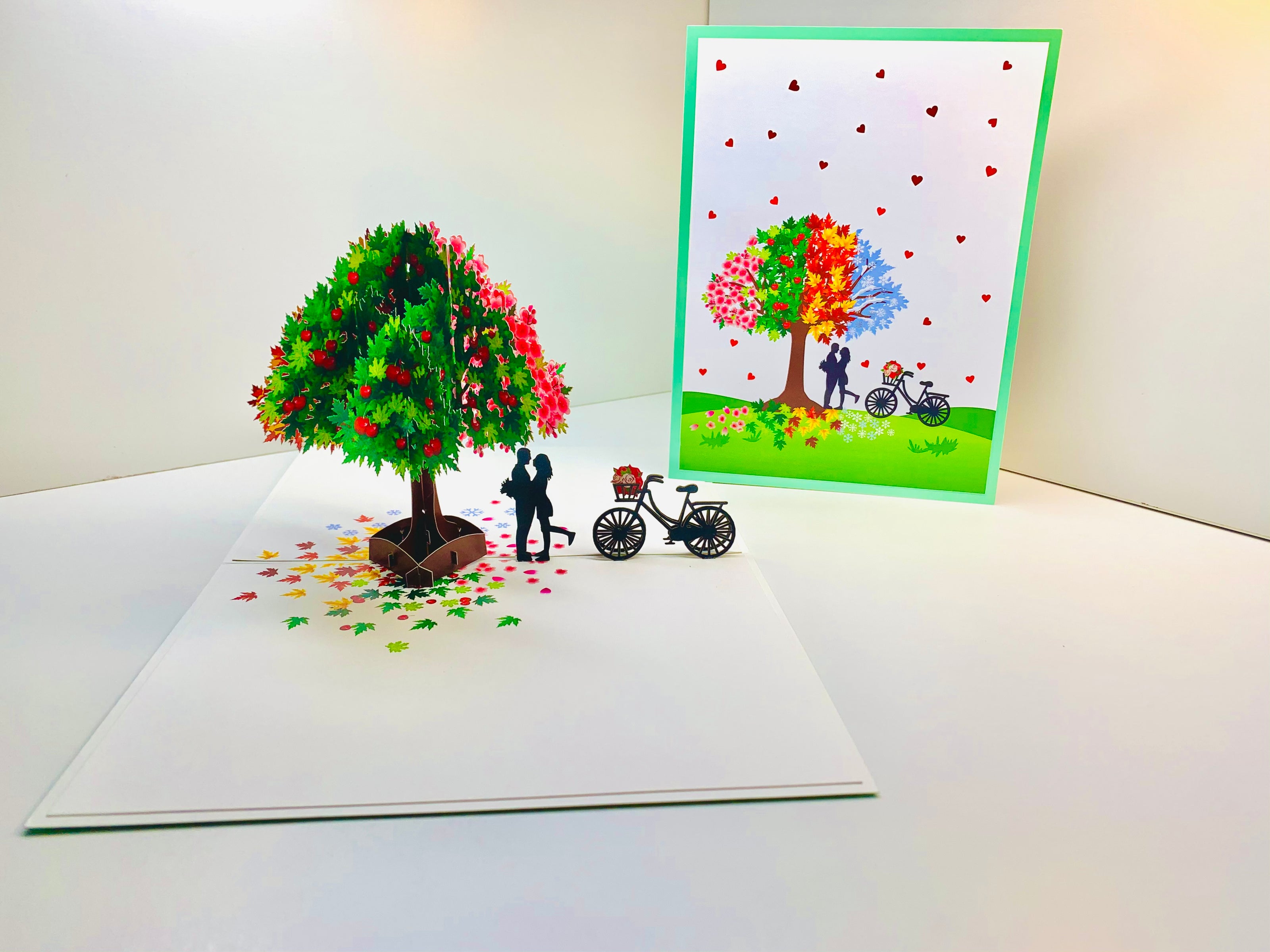 LUXURY Silhouette Couple Kissing Under a Four Seasons Tree 3D POP UP GREETING CARD - Created by Origami Pop Cards Australian Design & Handmade 3D Pop Up Magical Paper Cards, Handmade Pop Cards Happy Valentine's Day Celebrate Love Heart Fell Romantic