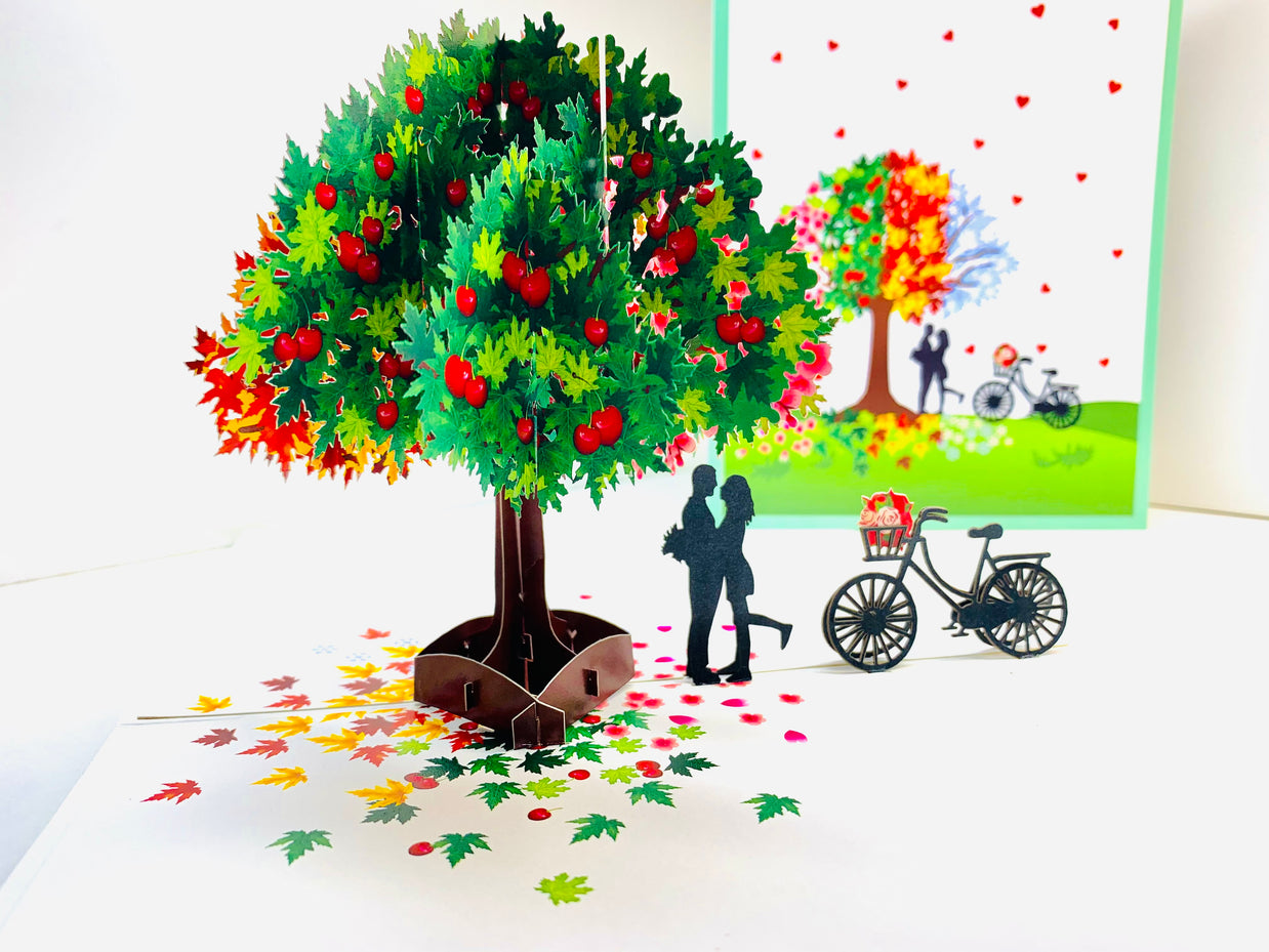 LUXURY Silhouette Couple Kissing Under a Four Seasons Tree 3D POP UP GREETING CARD - Created by Origami Pop Cards Australian Design & Handmade 3D Pop Up Magical Paper Cards, Handmade Pop Cards Happy Valentine's Day Celebrate Love Heart Fell Romantic