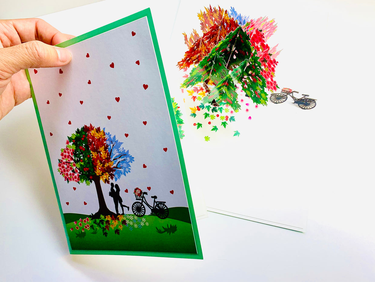 LUXURY Silhouette Couple Kissing Under a Four Seasons Tree 3D POP UP GREETING CARD - Created by Origami Pop Cards Australian Design & Handmade 3D Pop Up Magical Paper Cards, Handmade Pop Cards Happy Valentine's Day Celebrate Love Heart Fell Romantic