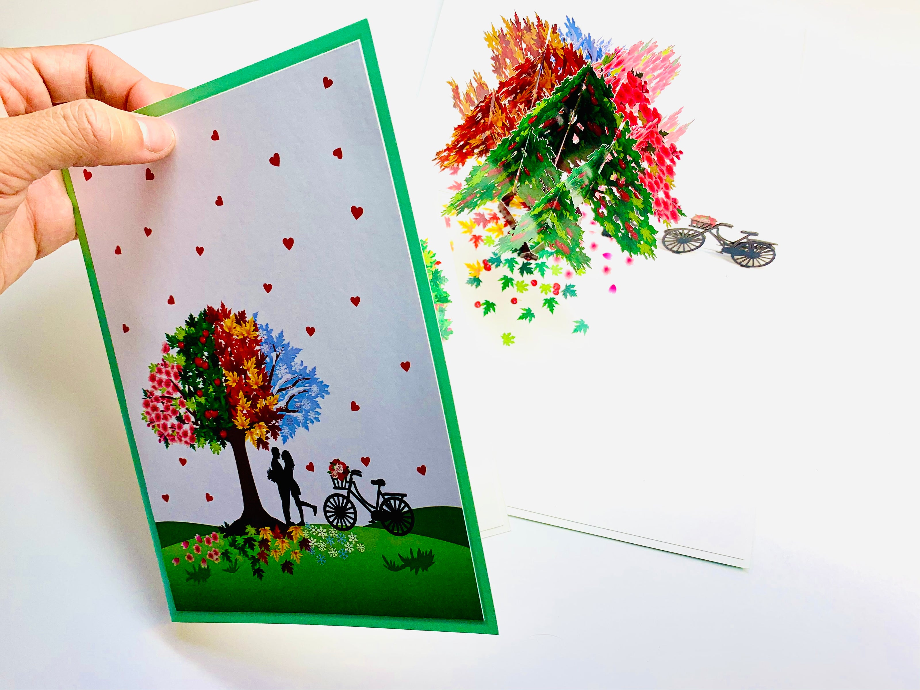 LUXURY Silhouette Couple Kissing Under a Four Seasons Tree 3D POP UP GREETING CARD - Created by Origami Pop Cards Australian Design & Handmade 3D Pop Up Magical Paper Cards, Handmade Pop Cards Happy Valentine's Day Celebrate Love Heart Fell Romantic