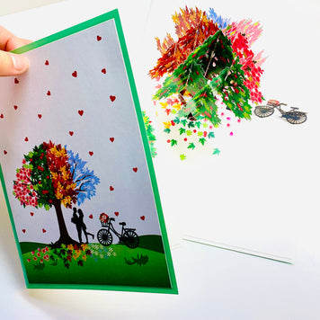 LUXURY Silhouette Couple Kissing Under a Four Seasons Tree 3D POP UP GREETING CARD - Created by Origami Pop Cards Australian Design & Handmade 3D Pop Up Magical Paper Cards, Handmade Pop Cards Happy Valentine's Day Celebrate Love Heart Fell Romantic