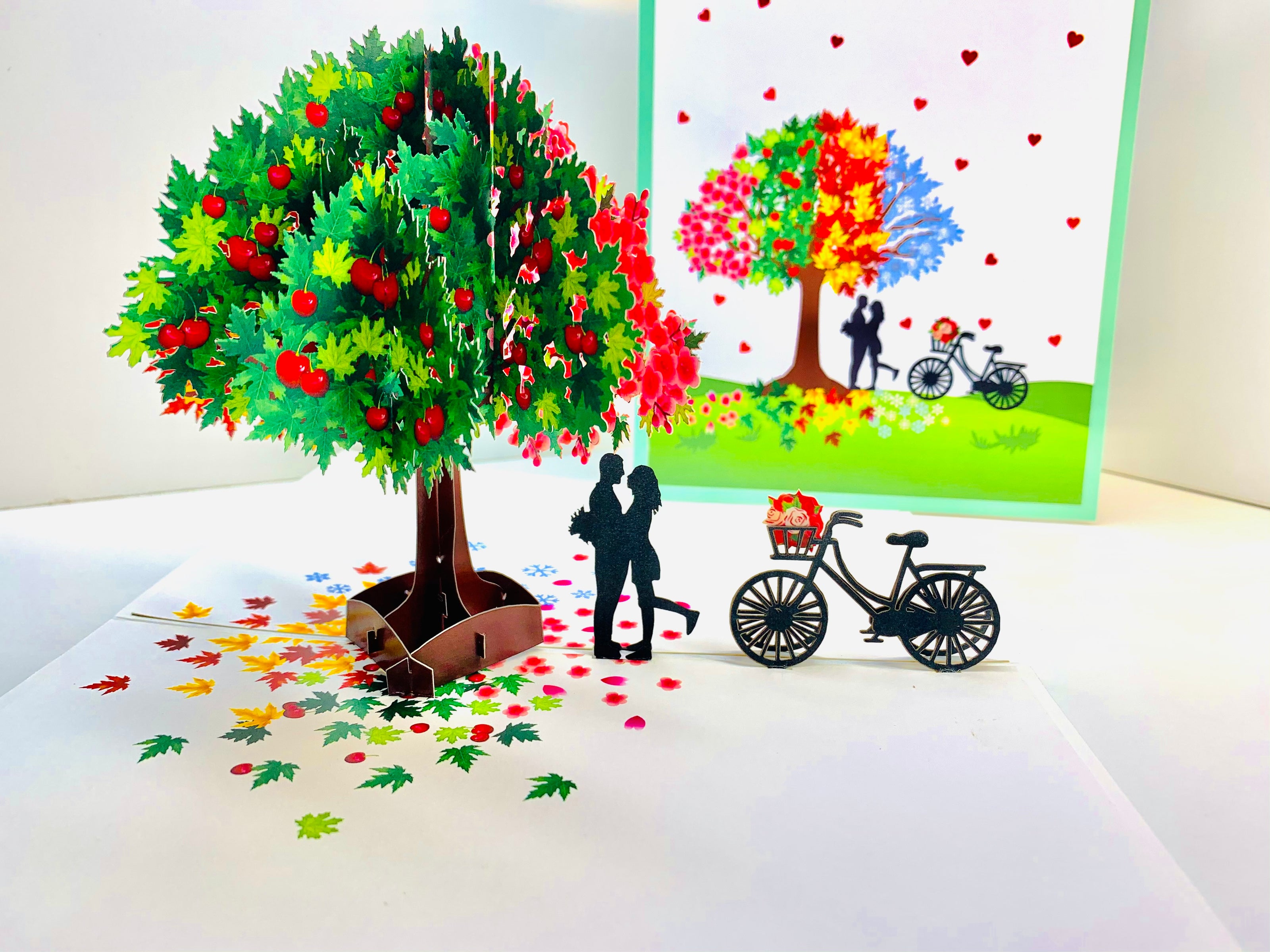 LUXURY Silhouette Couple Kissing Under a Four Seasons Tree 3D POP UP GREETING CARD - Created by Origami Pop Cards Australian Design & Handmade 3D Pop Up Magical Paper Cards, Handmade Pop Cards Happy Valentine's Day Celebrate Love Heart Fell Romantic