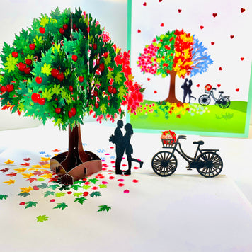 LUXURY Silhouette Couple Kissing Under a Four Seasons Tree 3D POP UP GREETING CARD - Created by Origami Pop Cards Australian Design & Handmade 3D Pop Up Magical Paper Cards, Handmade Pop Cards Happy Valentine's Day Celebrate Love Heart Fell Romantic