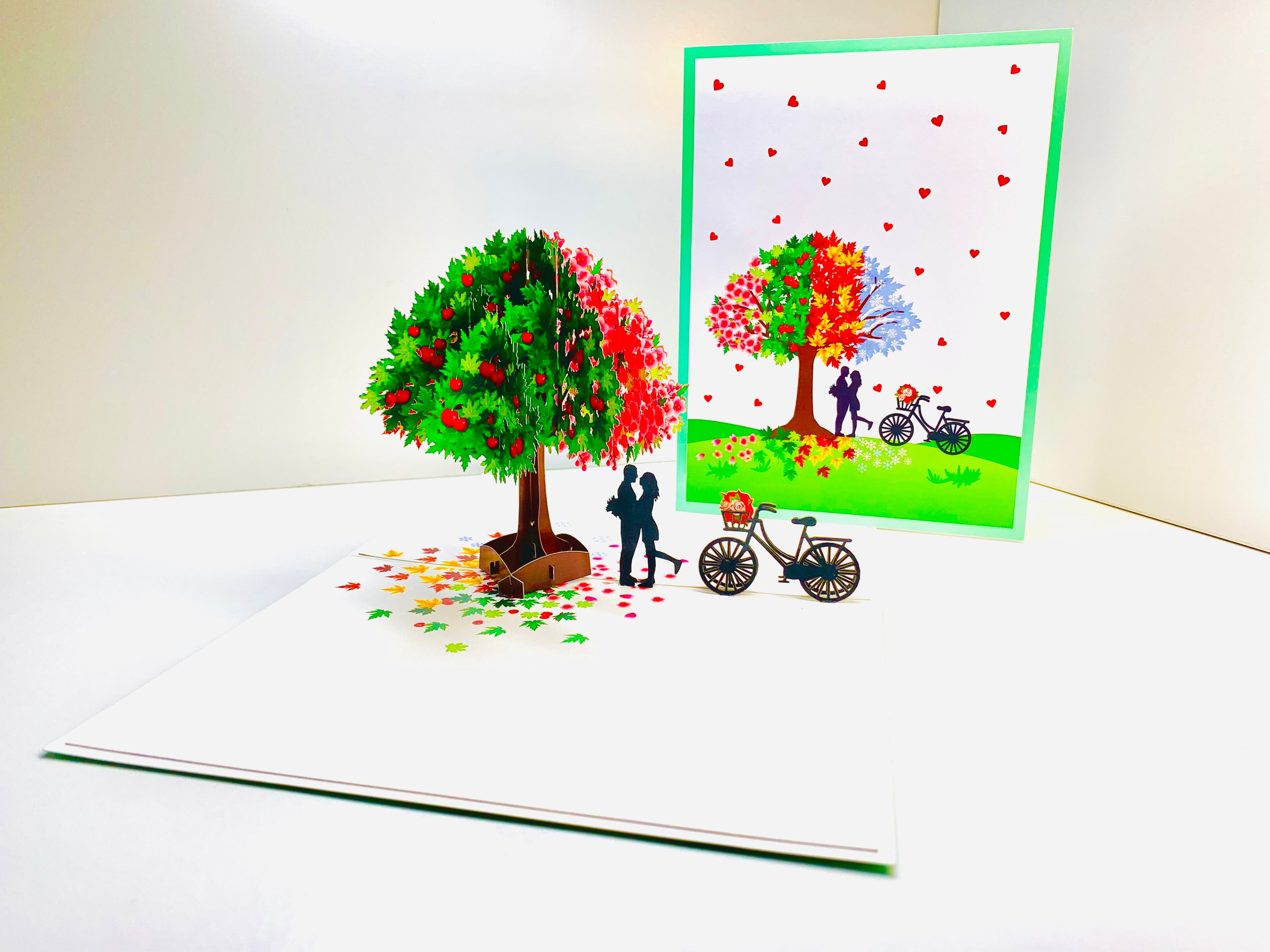 LUXURY Silhouette Couple Kissing Under a Four Seasons Tree 3D POP UP GREETING CARD - Created by Origami Pop Cards Australian Design & Handmade 3D Pop Up Magical Paper Cards, Handmade Pop Cards Happy Valentine's Day Celebrate Love Heart Fell Romantic