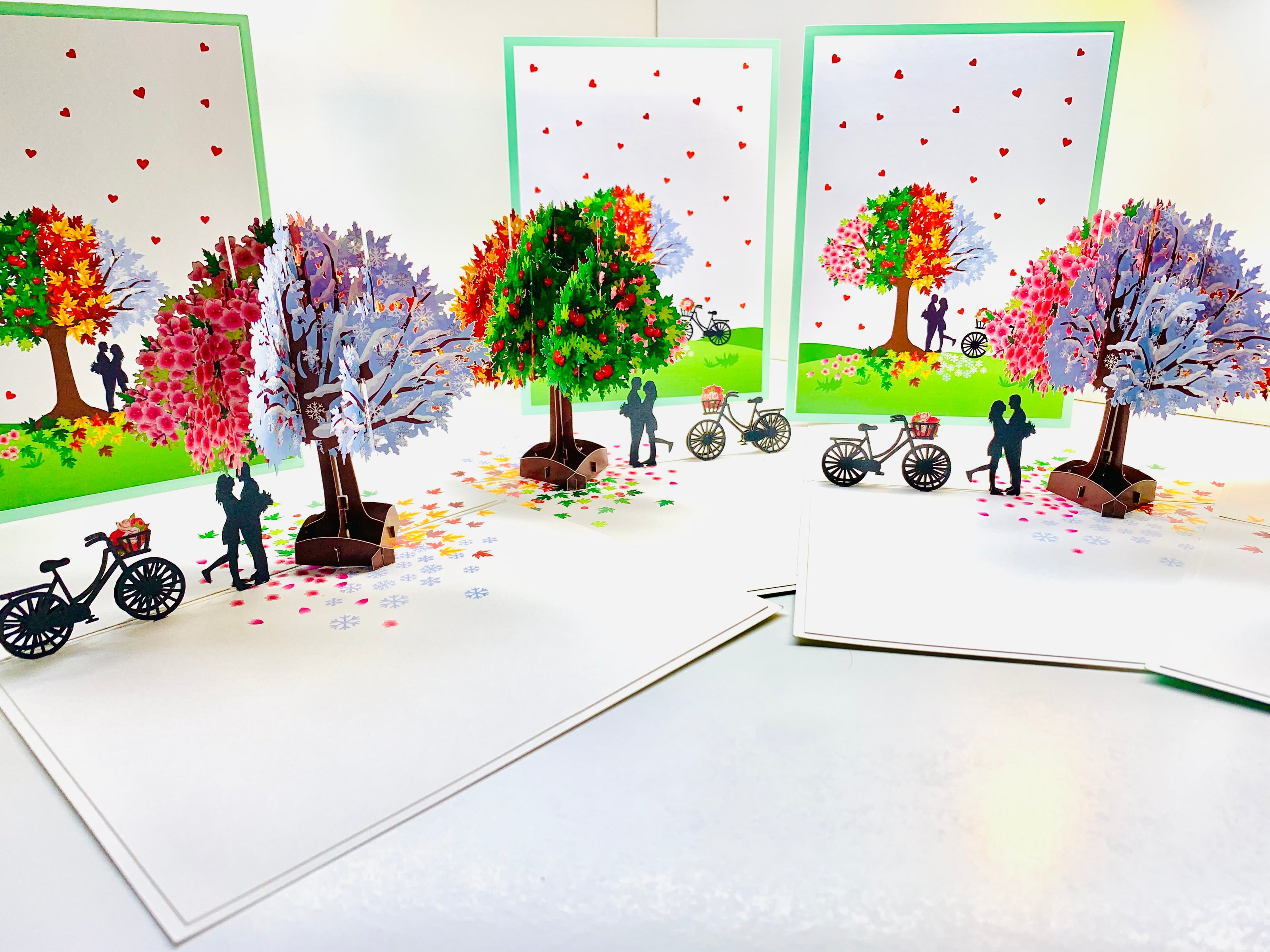 LUXURY Silhouette Couple Kissing Under a Four Seasons Tree 3D POP UP GREETING CARD - Created by Origami Pop Cards Australian Design & Handmade 3D Pop Up Magical Paper Cards, Handmade Pop Cards Happy Valentine's Day Celebrate Love Heart Fell Romantic