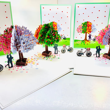 LUXURY Silhouette Couple Kissing Under a Four Seasons Tree 3D POP UP GREETING CARD - Created by Origami Pop Cards Australian Design & Handmade 3D Pop Up Magical Paper Cards, Handmade Pop Cards Happy Valentine's Day Celebrate Love Heart Fell Romantic
