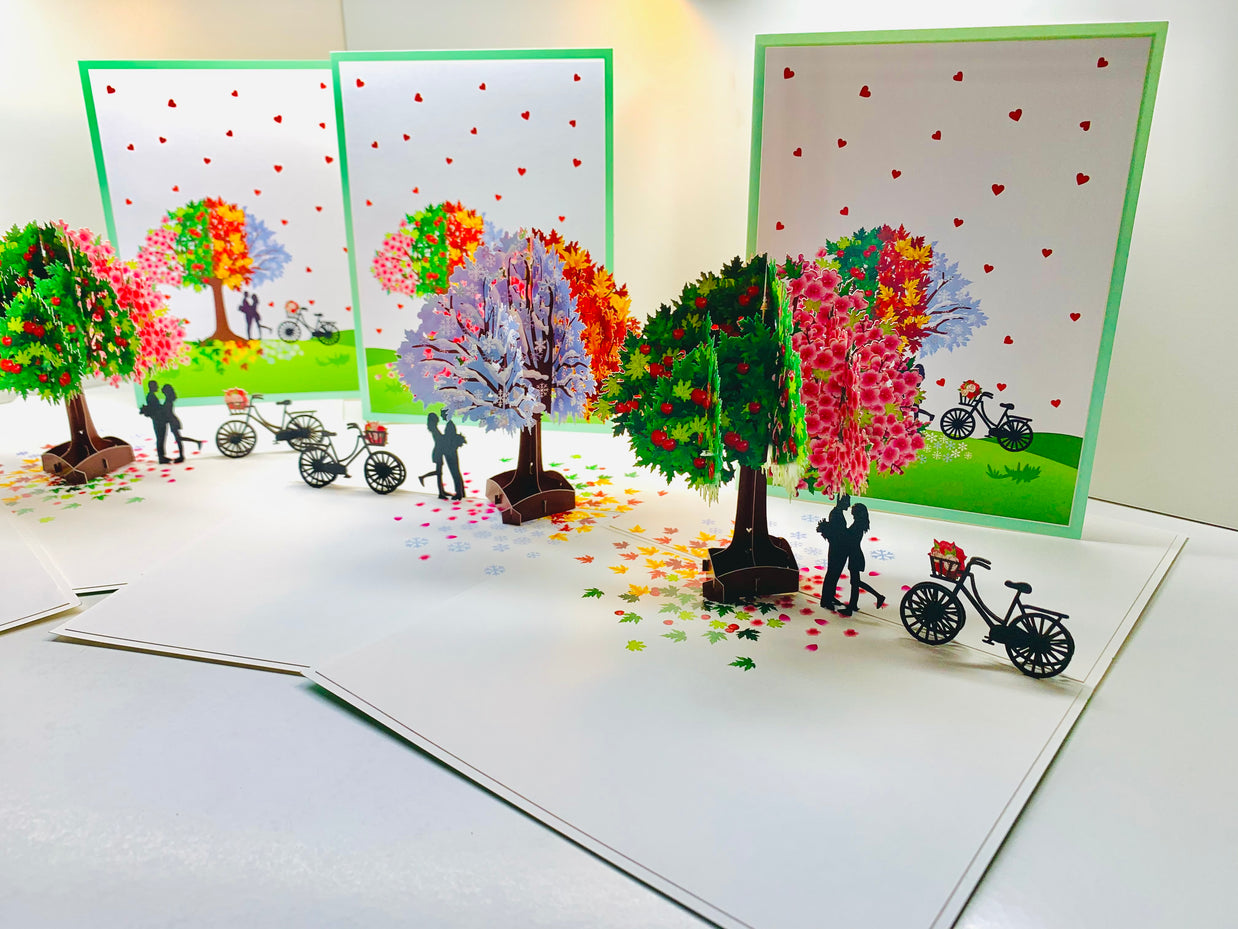 LUXURY Silhouette Couple Kissing Under a Four Seasons Tree 3D POP UP GREETING CARD - Created by Origami Pop Cards Australian Design & Handmade 3D Pop Up Magical Paper Cards, Handmade Pop Cards Happy Valentine's Day Celebrate Love Heart Fell Romantic