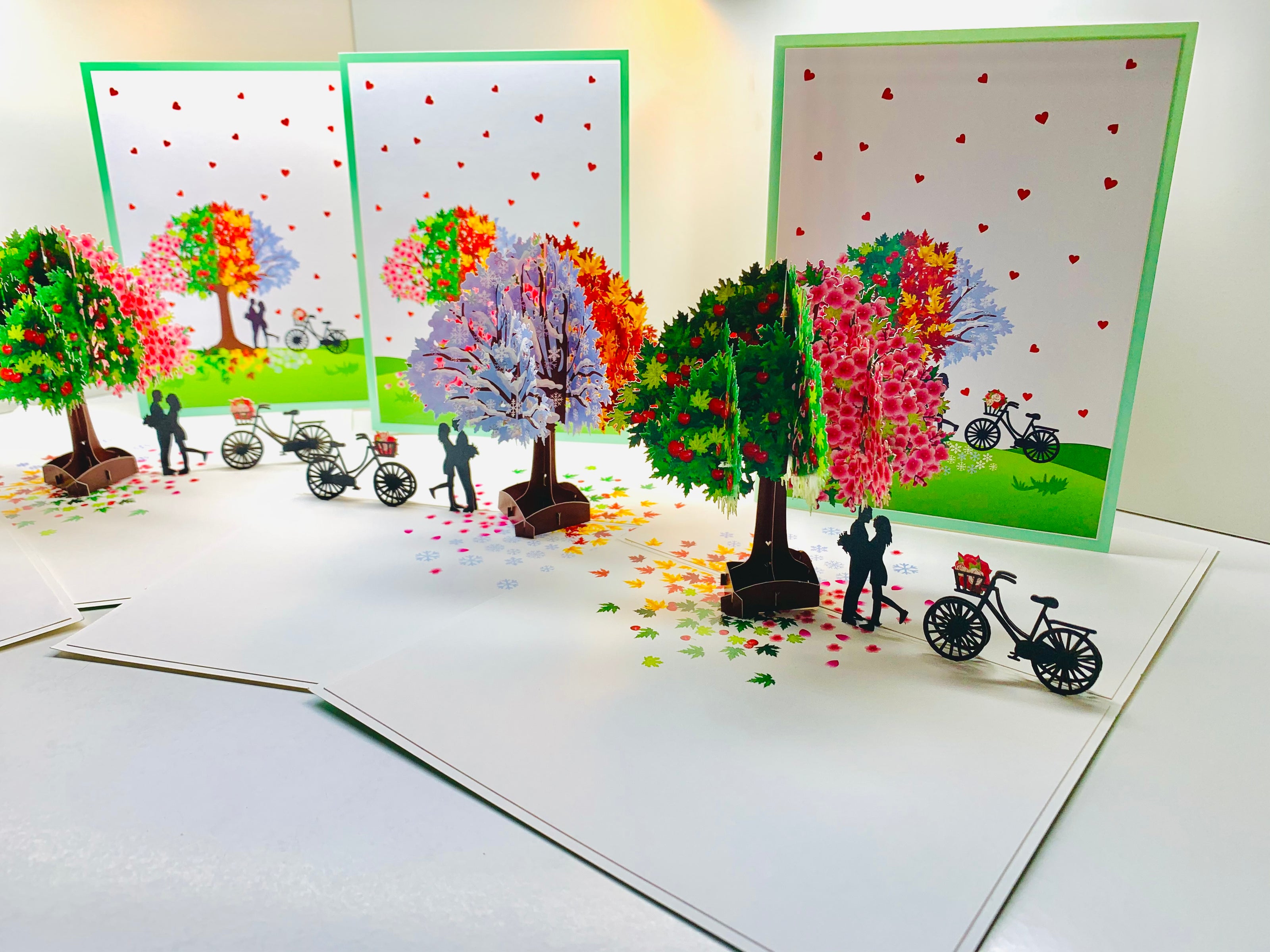 LUXURY Silhouette Couple Kissing Under a Four Seasons Tree 3D POP UP GREETING CARD - Created by Origami Pop Cards Australian Design & Handmade 3D Pop Up Magical Paper Cards, Handmade Pop Cards Happy Valentine's Day Celebrate Love Heart Fell Romantic