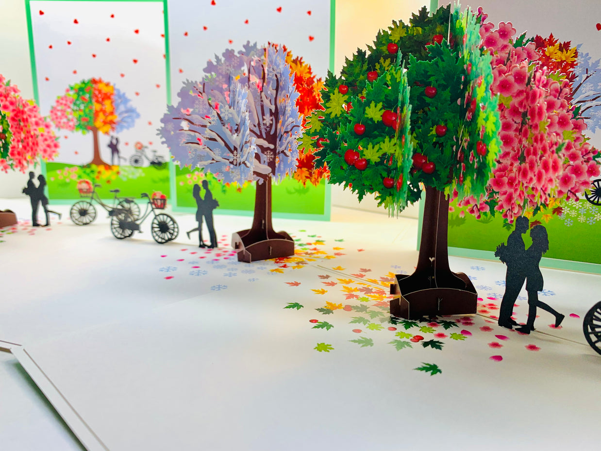 LUXURY Silhouette Couple Kissing Under a Four Seasons Tree 3D POP UP GREETING CARD - Created by Origami Pop Cards Australian Design & Handmade 3D Pop Up Magical Paper Cards, Handmade Pop Cards Happy Valentine's Day Celebrate Love Heart Fell Romantic