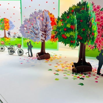 LUXURY Silhouette Couple Kissing Under a Four Seasons Tree 3D POP UP GREETING CARD - Created by Origami Pop Cards Australian Design & Handmade 3D Pop Up Magical Paper Cards, Handmade Pop Cards Happy Valentine's Day Celebrate Love Heart Fell Romantic