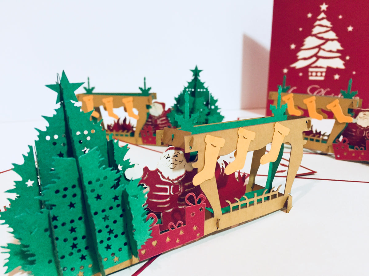 Large Metallic Christmas Eve Fireplace Origami Pop Cards 3D Pop Up Greeting Card Merry Christmas Thank You Handmade Best Wishes Blank Card Gift Happy Holidays Celebrate the Special Day