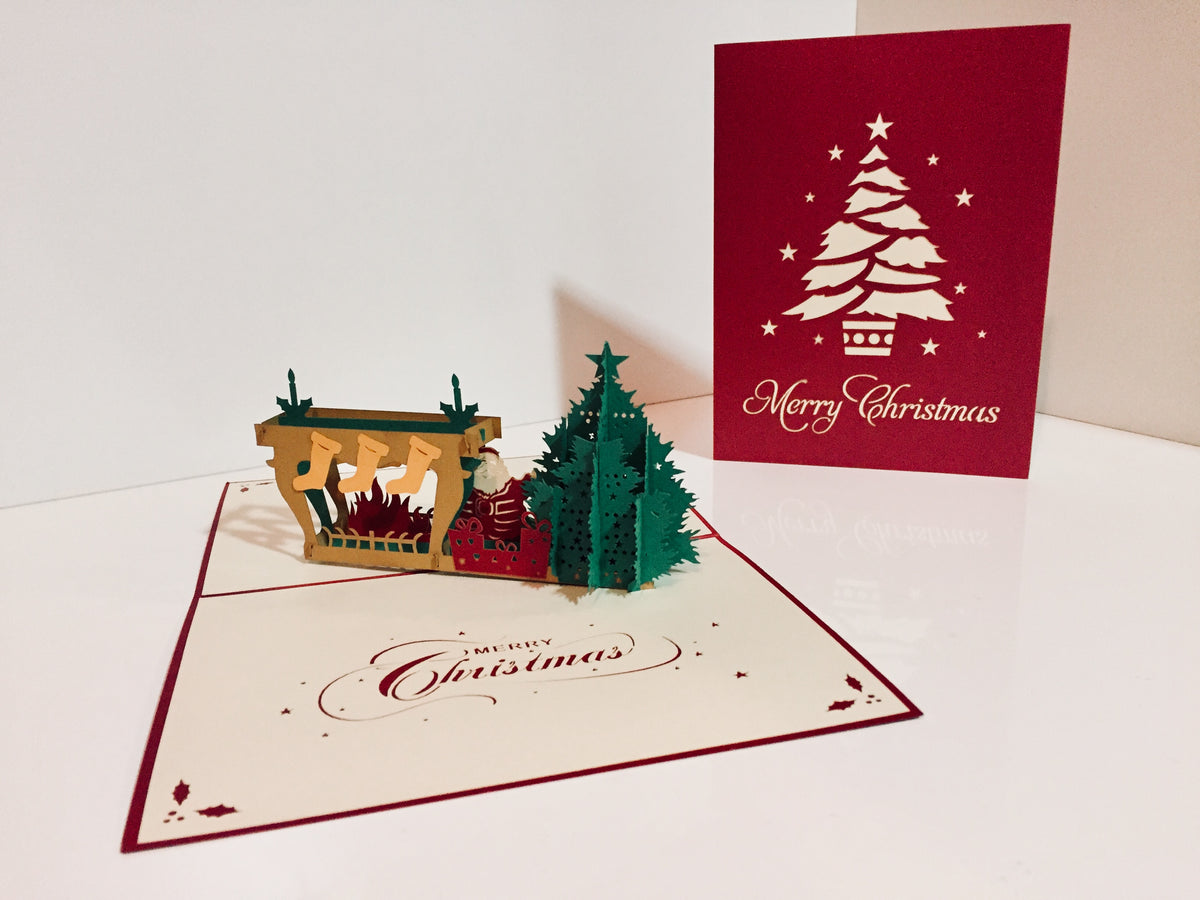 Large Metallic Christmas Eve Fireplace Origami Pop Cards 3D Pop Up Greeting Card Merry Christmas Thank You Handmade Best Wishes Blank Card Gift Happy Holidays Celebrate the Special Day