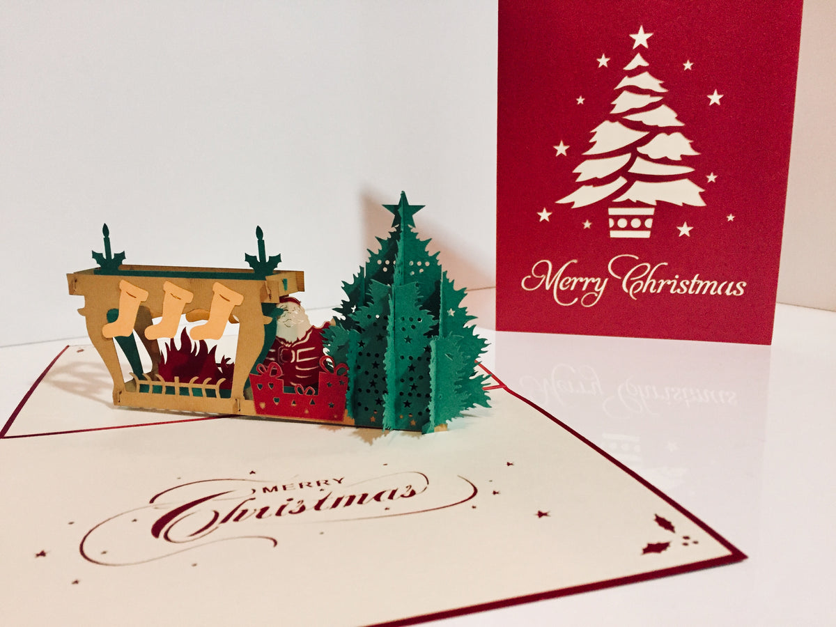 Large Metallic Christmas Eve Fireplace Origami Pop Cards 3D Pop Up Greeting Card Merry Christmas Thank You Handmade Best Wishes Blank Card Gift Happy Holidays Celebrate the Special Day