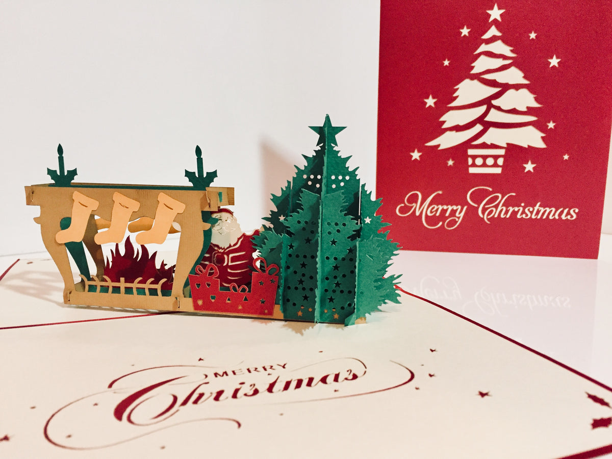 Large Metallic Christmas Eve Fireplace Origami Pop Cards 3D Pop Up Greeting Card Merry Christmas Thank You Handmade Best Wishes Blank Card Gift Happy Holidays Celebrate the Special Day