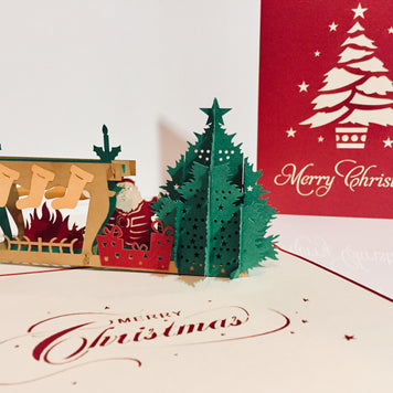 Large Metallic Christmas Eve Fireplace Origami Pop Cards 3D Pop Up Greeting Card Merry Christmas Thank You Handmade Best Wishes Blank Card Gift Happy Holidays Celebrate the Special Day