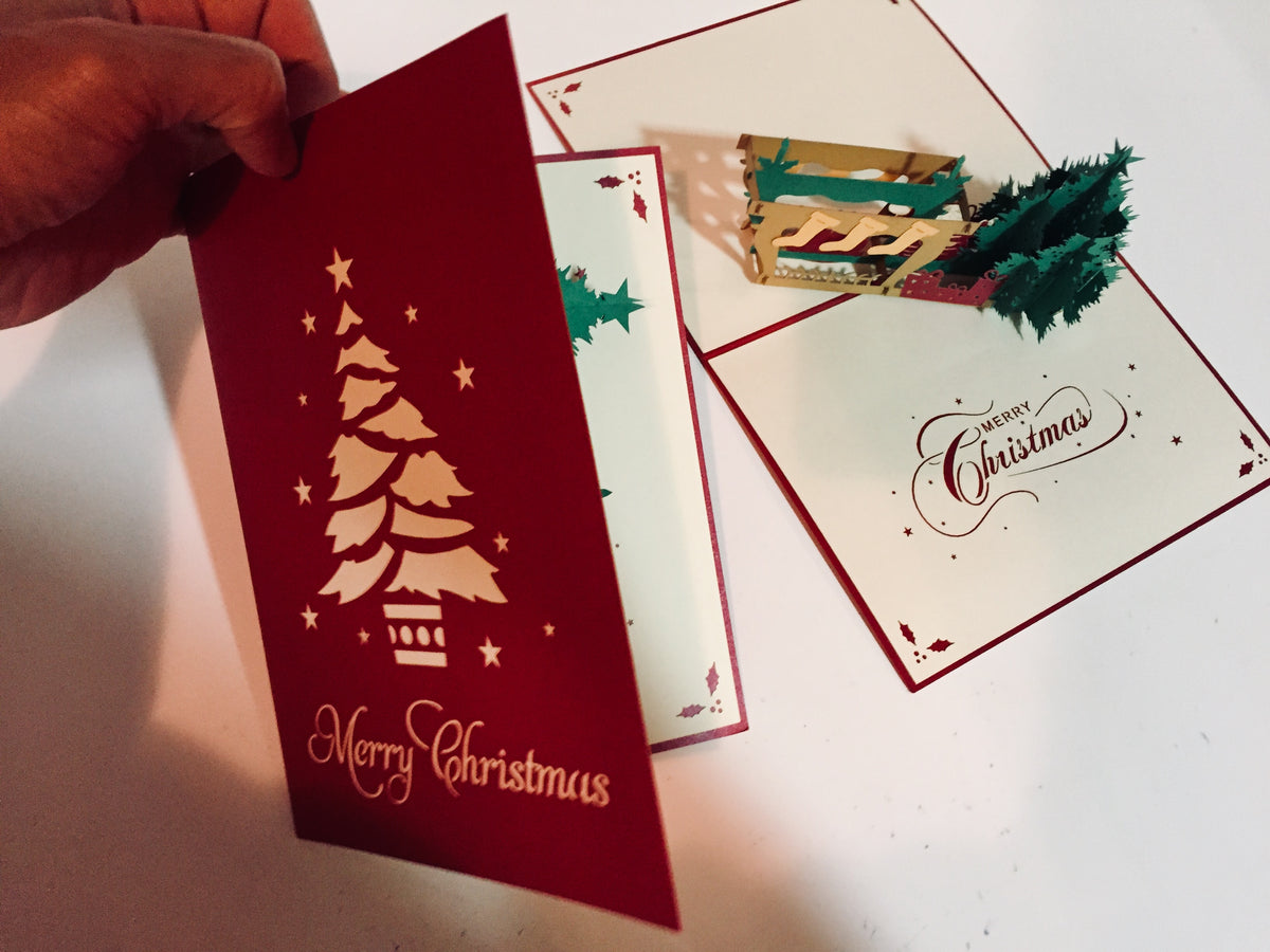 Large Metallic Christmas Eve Fireplace Origami Pop Cards 3D Pop Up Greeting Card Merry Christmas Thank You Handmade Best Wishes Blank Card Gift Happy Holidays Celebrate the Special Day