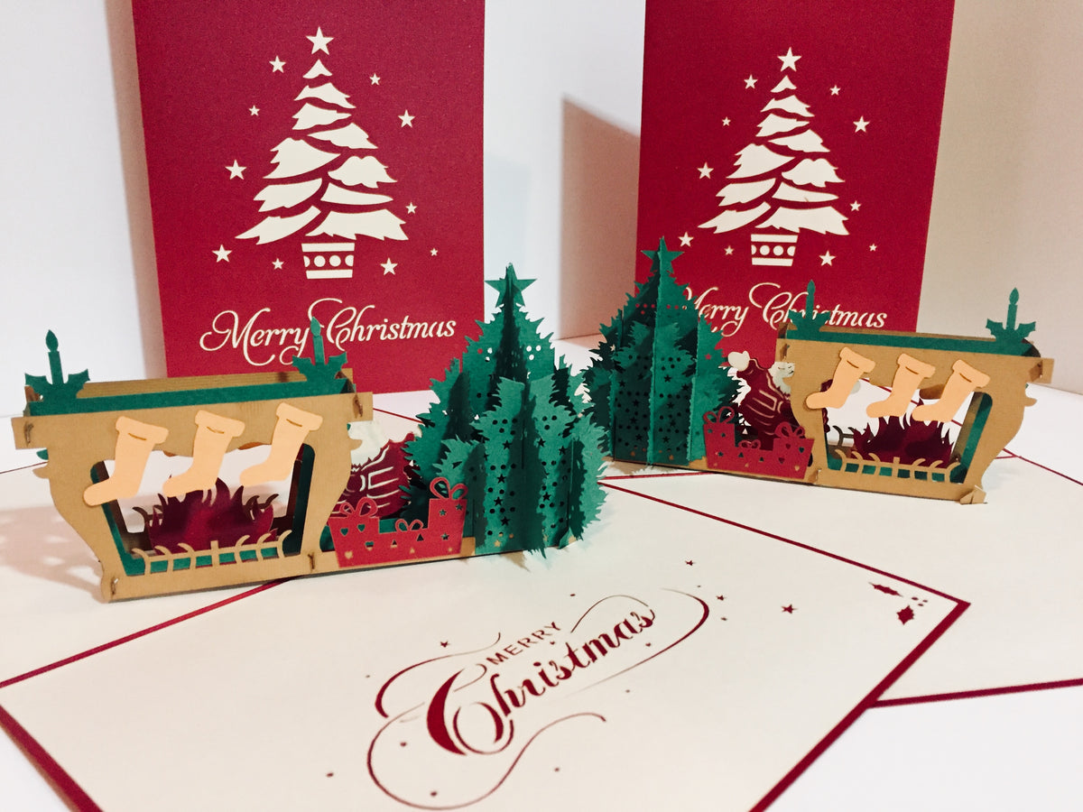 Large Metallic Christmas Eve Fireplace Origami Pop Cards 3D Pop Up Greeting Card Merry Christmas Thank You Handmade Best Wishes Blank Card Gift Happy Holidays Celebrate the Special Day