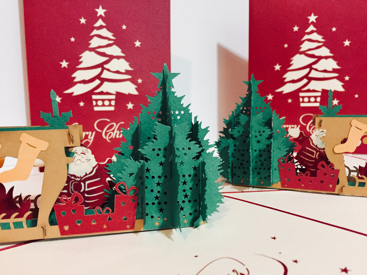 Large Metallic Christmas Eve Fireplace Origami Pop Cards 3D Pop Up Greeting Card Merry Christmas Thank You Handmade Best Wishes Blank Card Gift Happy Holidays Celebrate the Special Day