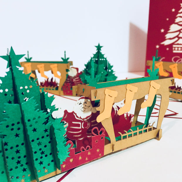 Large Metallic Christmas Eve Fireplace Origami Pop Cards 3D Pop Up Greeting Card Merry Christmas Thank You Handmade Best Wishes Blank Card Gift Happy Holidays Celebrate the Special Day