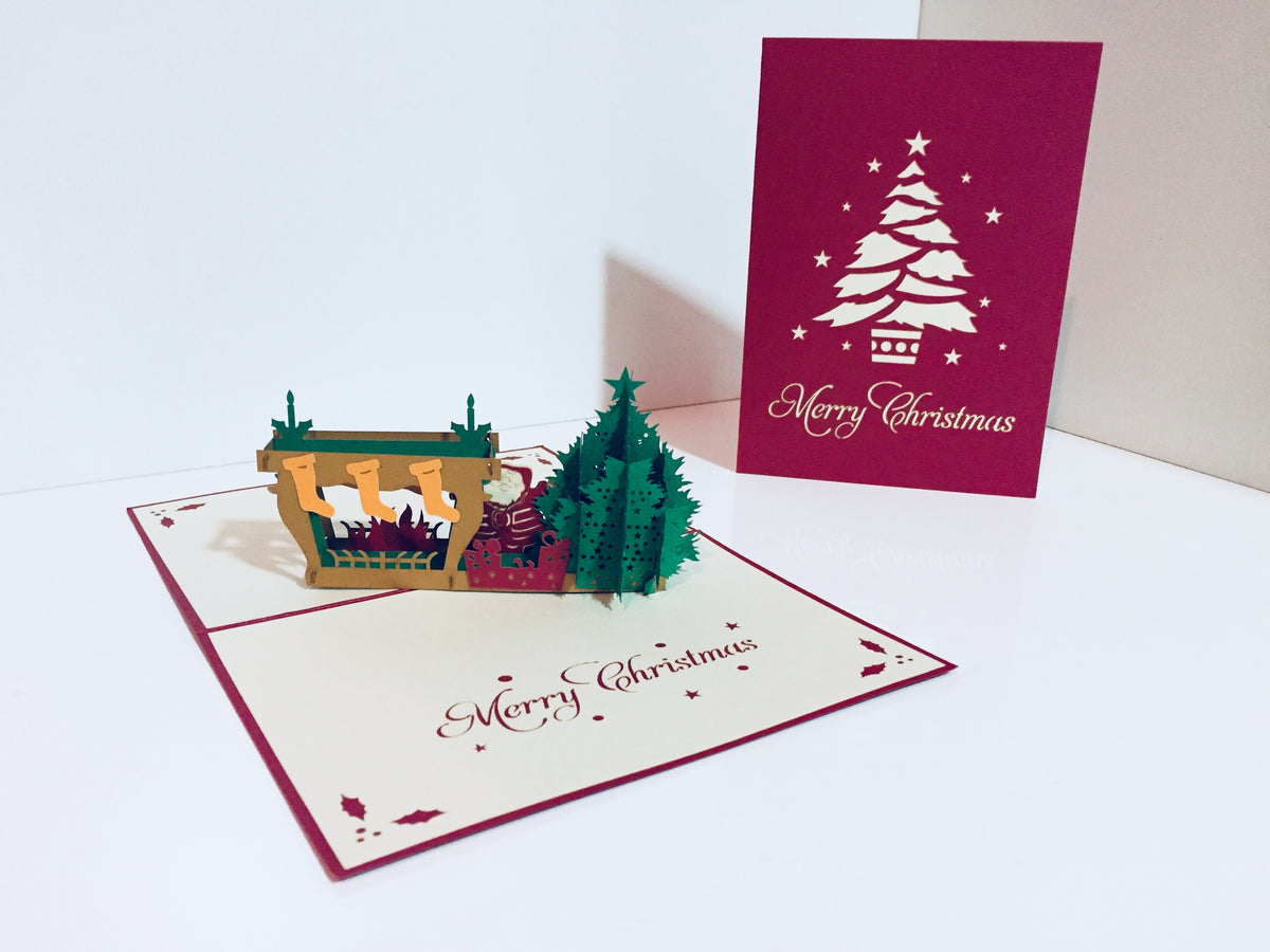 Large Metallic Christmas Eve Fireplace Origami Pop Cards 3D Pop Up Greeting Card Merry Christmas Thank You Handmade Best Wishes Blank Card Gift Happy Holidays Celebrate the Special Day