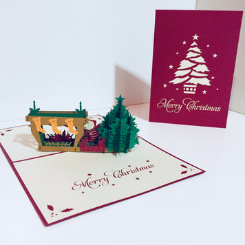 Large Metallic Christmas Eve Fireplace Origami Pop Cards 3D Pop Up Greeting Card Merry Christmas Thank You Handmade Best Wishes Blank Card Gift Happy Holidays Celebrate the Special Day