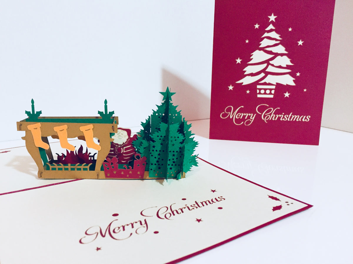 Large Metallic Christmas Eve Fireplace Origami Pop Cards 3D Pop Up Greeting Card Merry Christmas Thank You Handmade Best Wishes Blank Card Gift Happy Holidays Celebrate the Special Day