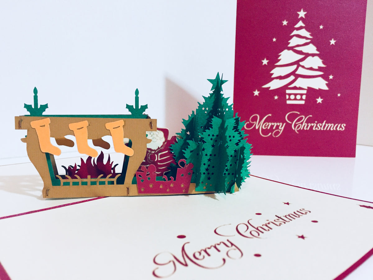 Large Metallic Christmas Eve Fireplace Origami Pop Cards 3D Pop Up Greeting Card Merry Christmas Thank You Handmade Best Wishes Blank Card Gift Happy Holidays Celebrate the Special Day