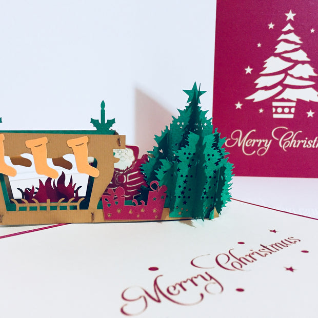 Large Metallic Christmas Eve Fireplace Origami Pop Cards 3D Pop Up Greeting Card Merry Christmas Thank You Handmade Best Wishes Blank Card Gift Happy Holidays Celebrate the Special Day