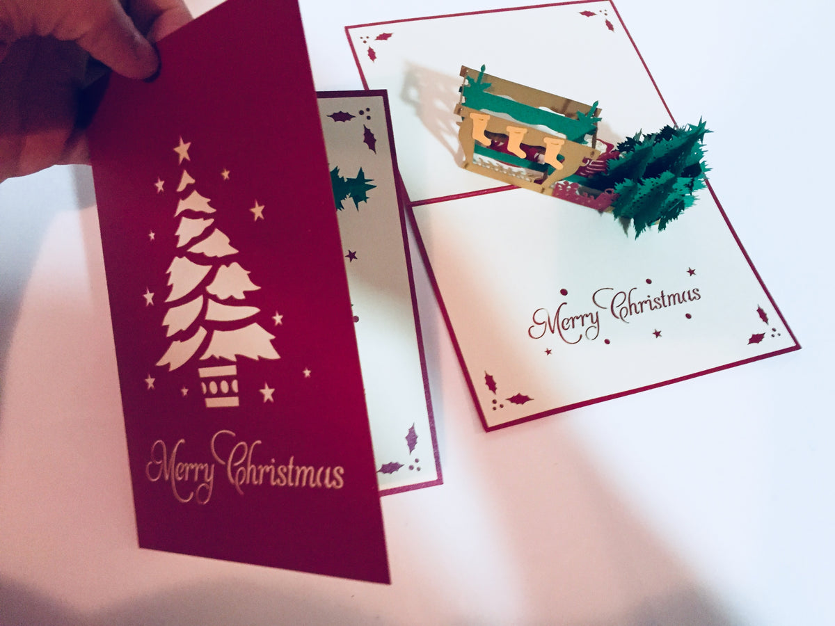 Large Metallic Christmas Eve Fireplace Origami Pop Cards 3D Pop Up Greeting Card Merry Christmas Thank You Handmade Best Wishes Blank Card Gift Happy Holidays Celebrate the Special Day