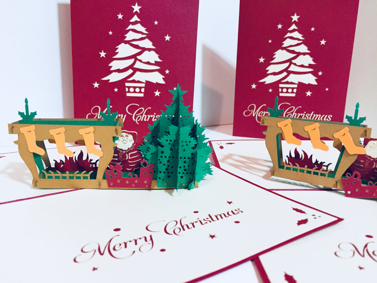 Large Metallic Christmas Eve Fireplace Origami Pop Cards 3D Pop Up Greeting Card Merry Christmas Thank You Handmade Best Wishes Blank Card Gift Happy Holidays Celebrate the Special Day