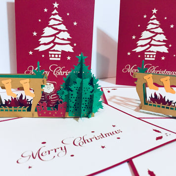 Large Metallic Christmas Eve Fireplace Origami Pop Cards 3D Pop Up Greeting Card Merry Christmas Thank You Handmade Best Wishes Blank Card Gift Happy Holidays Celebrate the Special Day