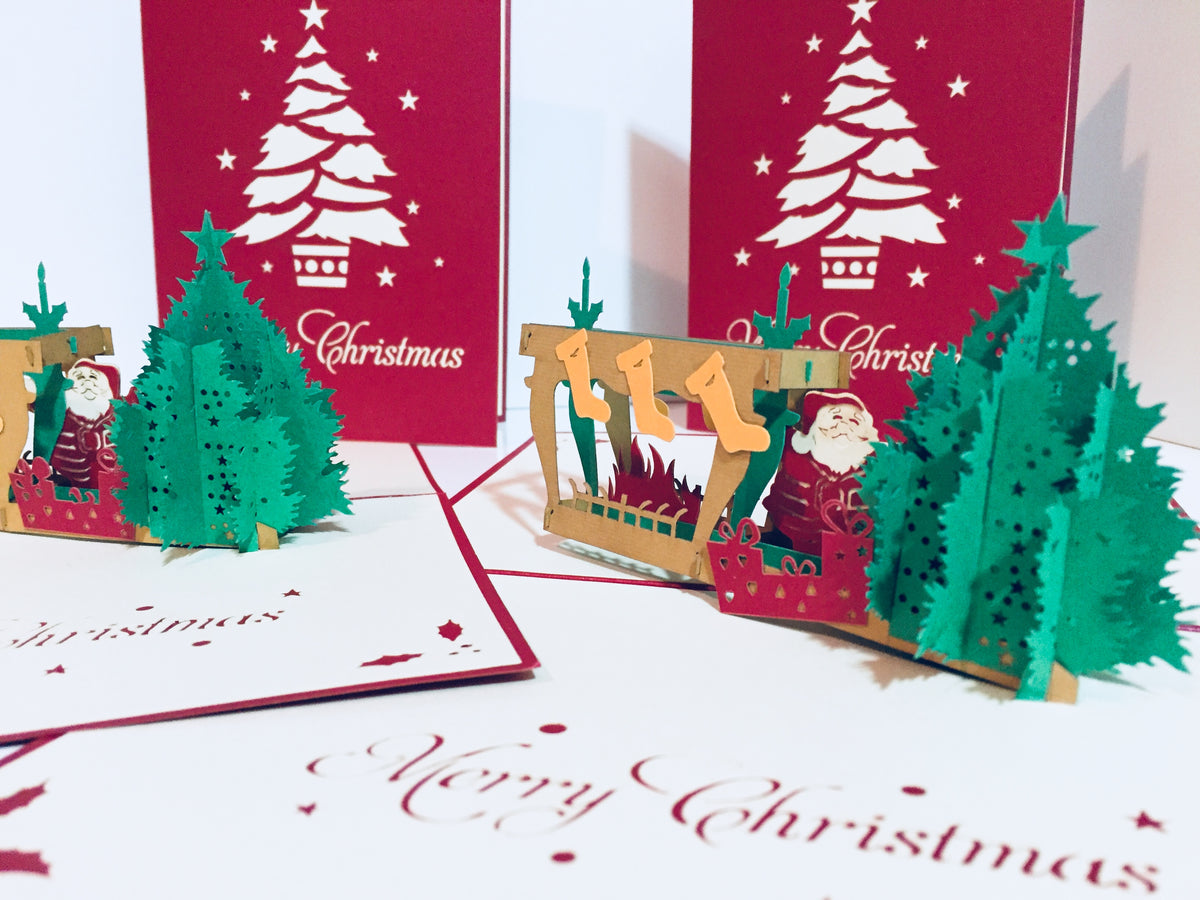Large Metallic Christmas Eve Fireplace Origami Pop Cards 3D Pop Up Greeting Card Merry Christmas Thank You Handmade Best Wishes Blank Card Gift Happy Holidays Celebrate the Special Day