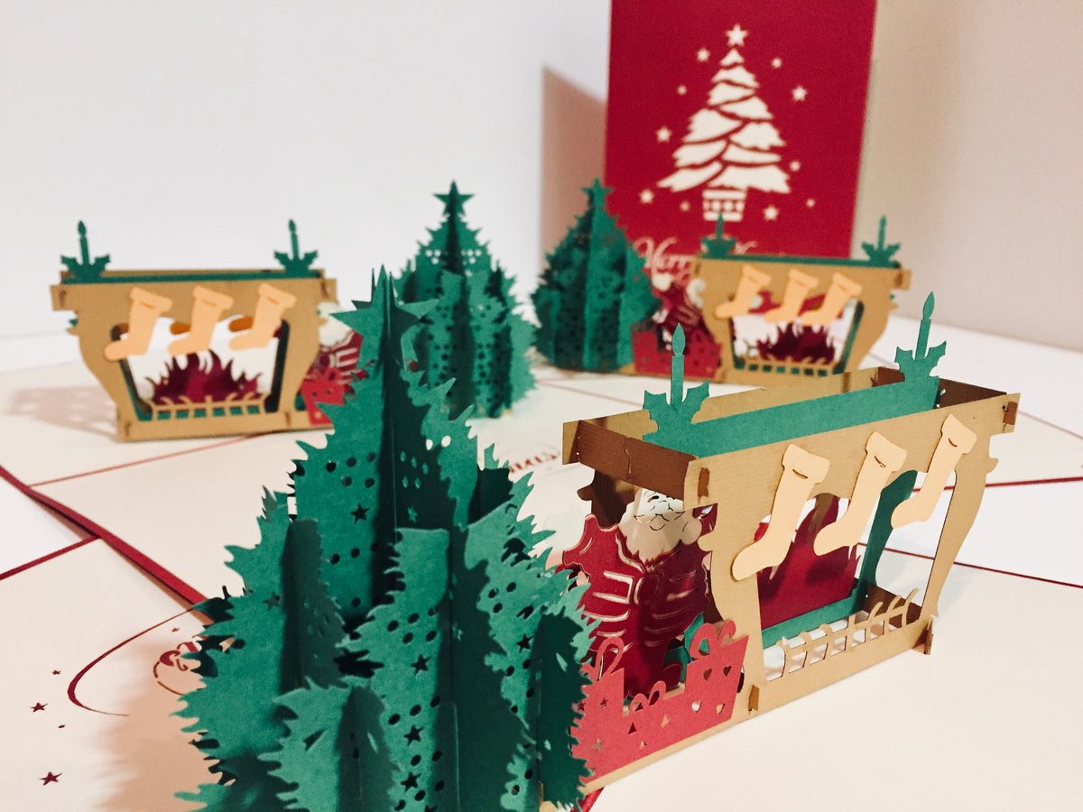 Large Metallic Christmas Eve Fireplace Origami Pop Cards 3D Pop Up Greeting Card Merry Christmas Thank You Handmade Best Wishes Blank Card Gift Happy Holidays Celebrate the Special Day