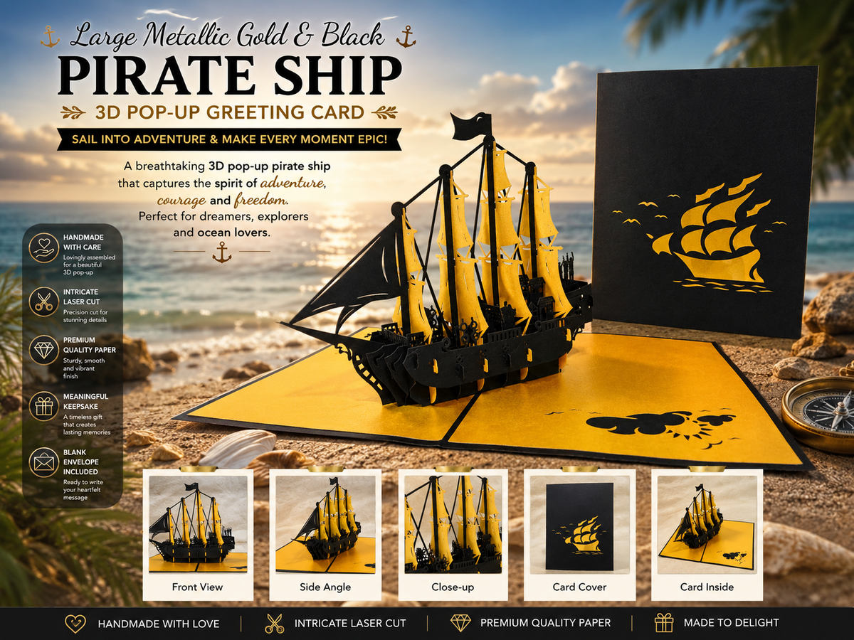 Large Metallic Gold & Black Pirate Ship Origami Pop Cards 3D Pop Up Greeting Card Happy Birthday Thank You Handmade Gift Thinking of You Blank Card for Any Occasion Happy Mother's Day Happy Father's Australiana Celebrate the Beauty