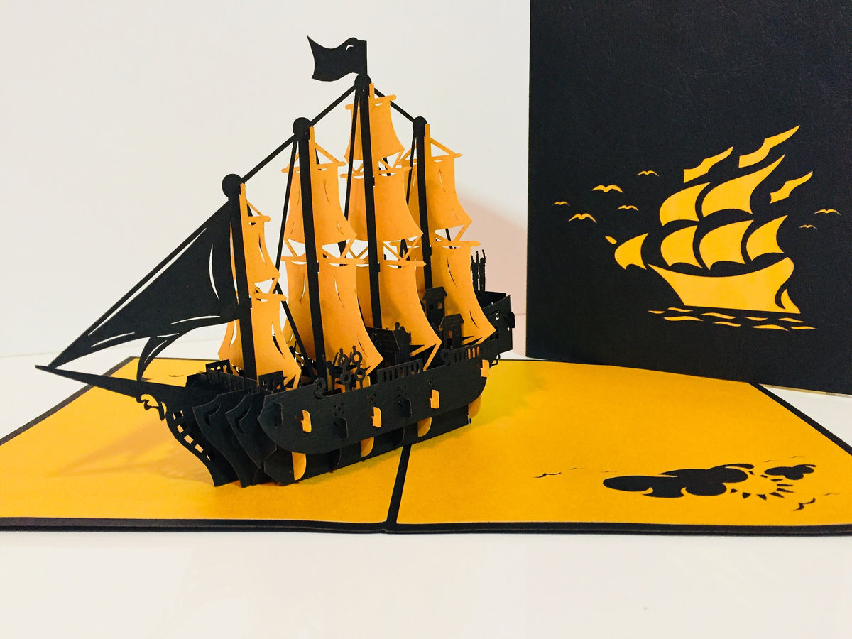 Large Metallic Gold & Black Pirate Ship Origami Pop Cards 3D Pop Up Greeting Card Happy Birthday Thank You Handmade Gift Thinking of You Blank Card for Any Occasion Happy Mother's Day Happy Father's Australiana Celebrate the Beauty