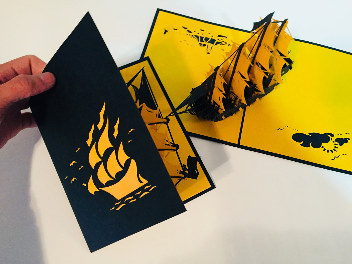 Large Metallic Gold & Black Pirate Ship Origami Pop Cards 3D Pop Up Greeting Card Happy Birthday Thank You Handmade Gift Thinking of You Blank Card for Any Occasion Happy Mother's Day Happy Father's Australiana Celebrate the Beauty