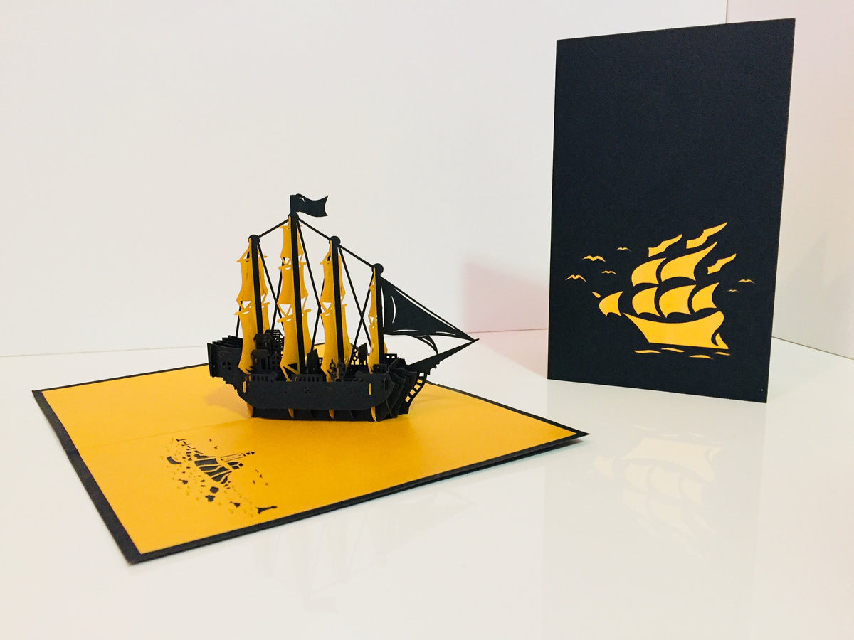 Large Metallic Gold & Black Pirate Ship Origami Pop Cards 3D Pop Up Greeting Card Happy Birthday Thank You Handmade Gift Thinking of You Blank Card for Any Occasion Happy Mother's Day Happy Father's Australiana Celebrate the Beauty