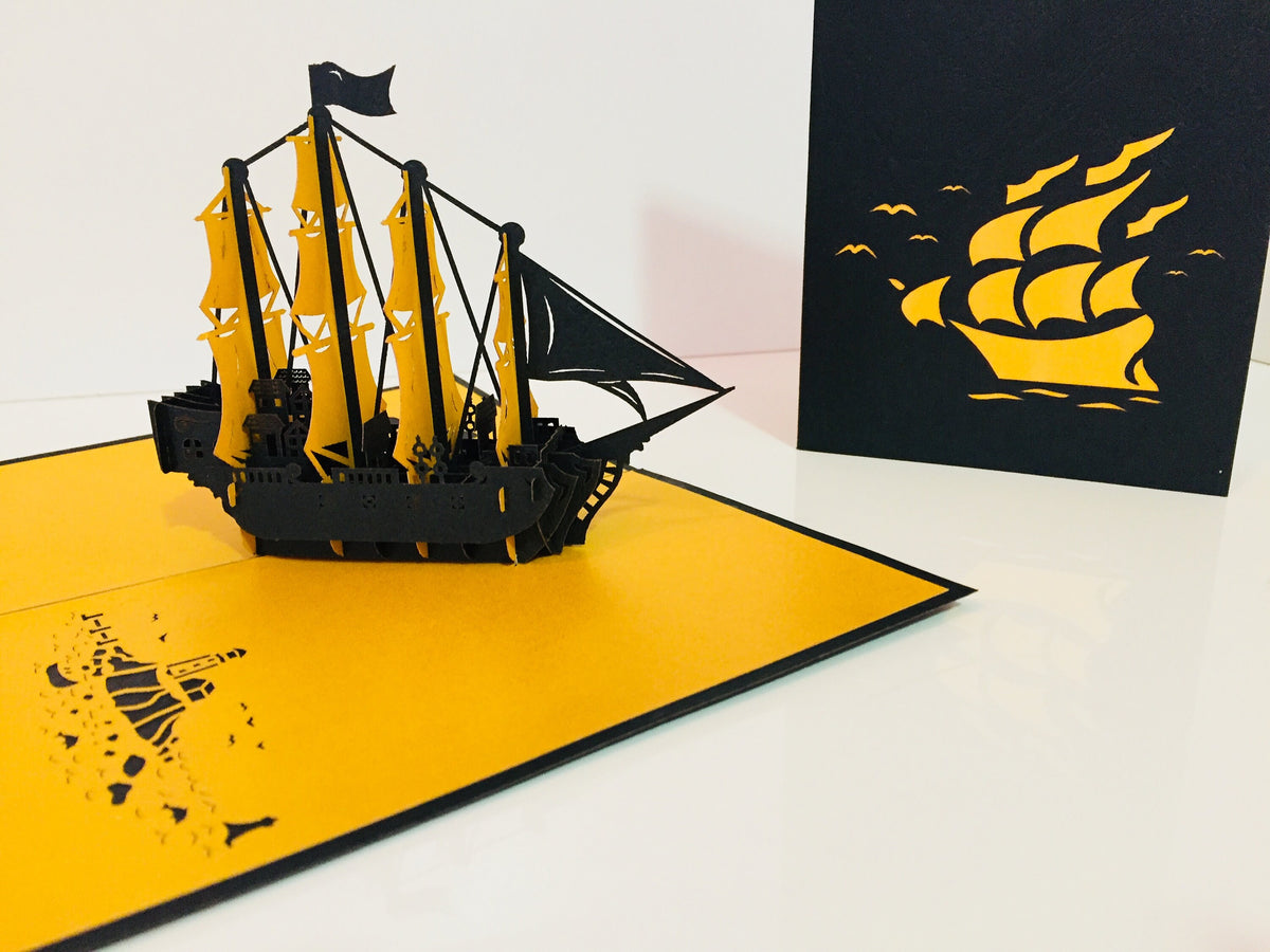 Large Metallic Gold & Black Pirate Ship Origami Pop Cards 3D Pop Up Greeting Card Happy Birthday Thank You Handmade Gift Thinking of You Blank Card for Any Occasion Happy Mother's Day Happy Father's Australiana Celebrate the Beauty