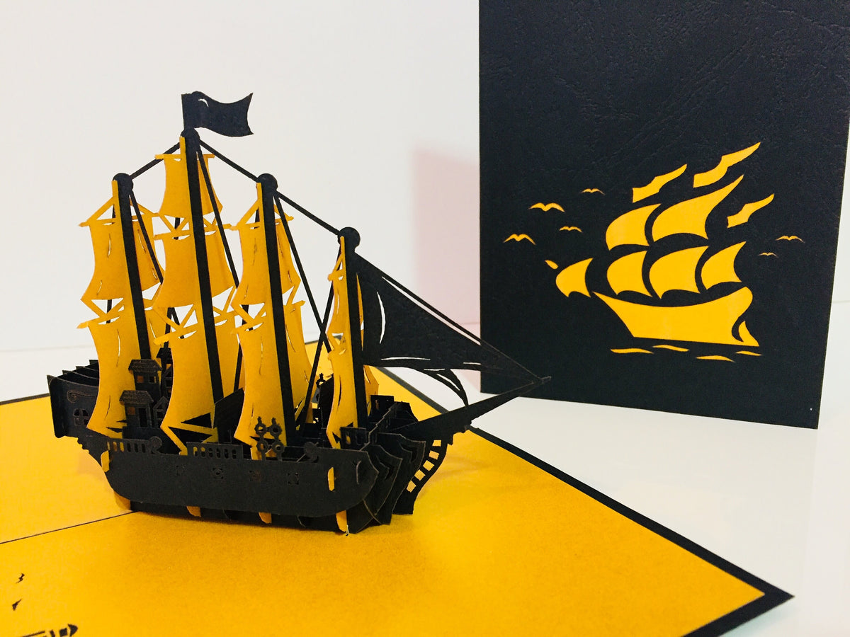 Large Metallic Gold & Black Pirate Ship Origami Pop Cards 3D Pop Up Greeting Card Happy Birthday Thank You Handmade Gift Thinking of You Blank Card for Any Occasion Happy Mother's Day Happy Father's Australiana Celebrate the Beauty