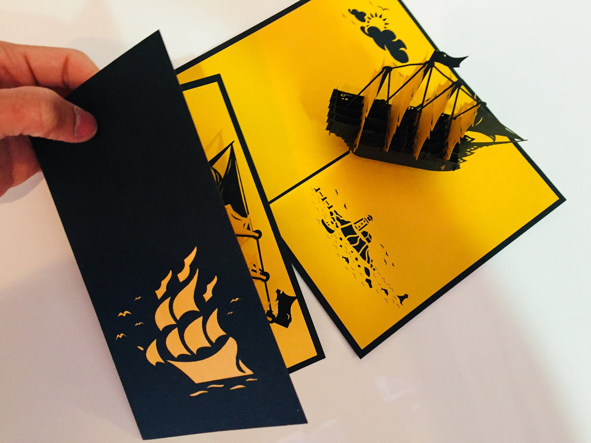 Large Metallic Gold & Black Pirate Ship Origami Pop Cards 3D Pop Up Greeting Card Happy Birthday Thank You Handmade Gift Thinking of You Blank Card for Any Occasion Happy Mother's Day Happy Father's Australiana Celebrate the Beauty