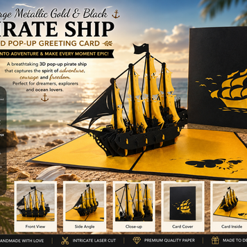 Large Metallic Gold & Black Pirate Ship Origami Pop Cards 3D Pop Up Greeting Card Happy Birthday Thank You Handmade Gift Thinking of You Blank Card for Any Occasion Happy Mother's Day Happy Father's Australiana Celebrate the Beauty