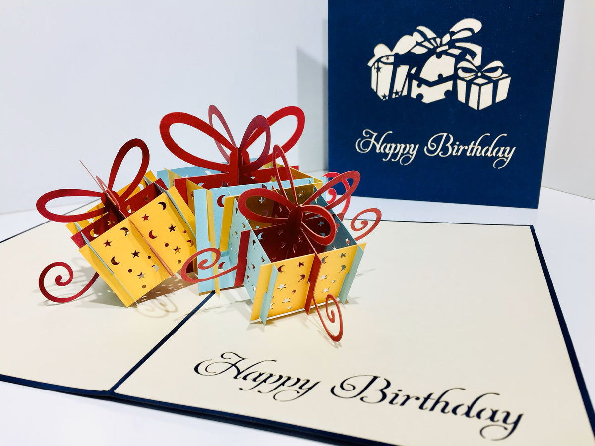 Large Navy Triple Birthday Presents Origami Pop Cards 3D Pop Up Greeting Card Thank You Handmade Gift Thinking of You Happy Birthday Occasion Australiana Celebrate the Beauty and Happiness During Special Day Best Wishes Gift