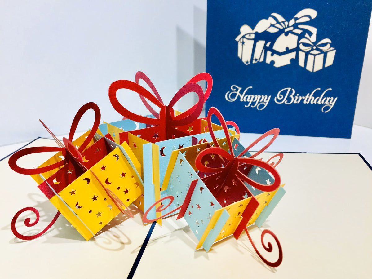 Large Navy Triple Birthday Presents Origami Pop Cards 3D Pop Up Greeting Card Thank You Handmade Gift Thinking of You Happy Birthday Occasion Australiana Celebrate the Beauty and Happiness During Special Day Best Wishes Gift