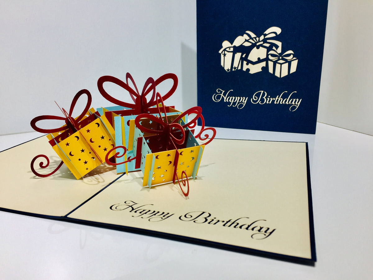 Large Navy Triple Birthday Presents Origami Pop Cards 3D Pop Up Greeting Card Thank You Handmade Gift Thinking of You Happy Birthday Occasion Australiana Celebrate the Beauty and Happiness During Special Day Best Wishes Gift