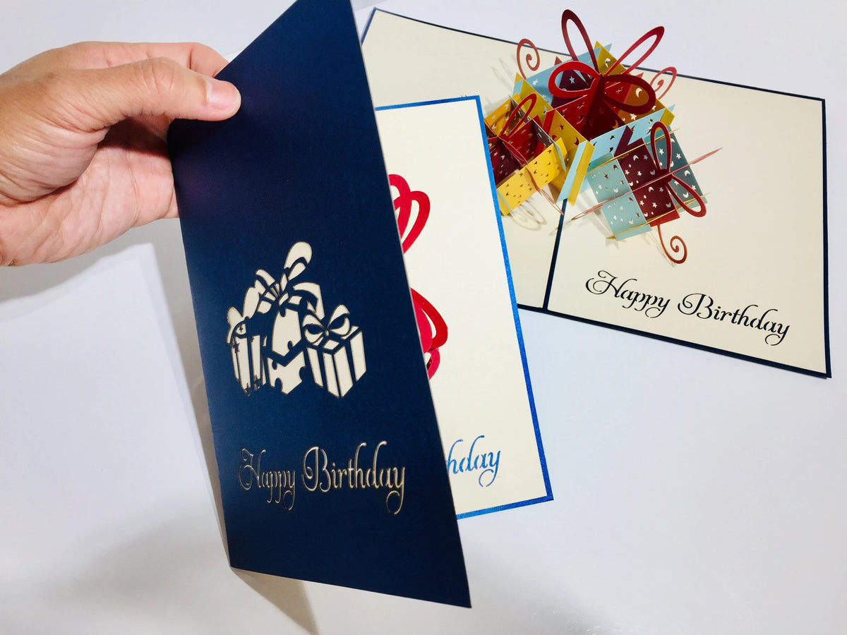 Large Navy Triple Birthday Presents Origami Pop Cards 3D Pop Up Greeting Card Thank You Handmade Gift Thinking of You Happy Birthday Occasion Australiana Celebrate the Beauty and Happiness During Special Day Best Wishes Gift