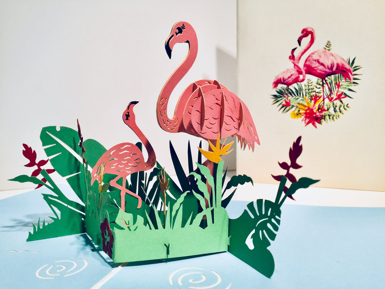 Large Pink Flamingos Mother & A Baby Origami Pop Cards 3D Pop Up Greeting Card Best Wishes Happy Birthday Gift Thank You Handmade Best Wishes Blank Card for Any Occasion Happy Mother's Day Happy Father's Day Celebration