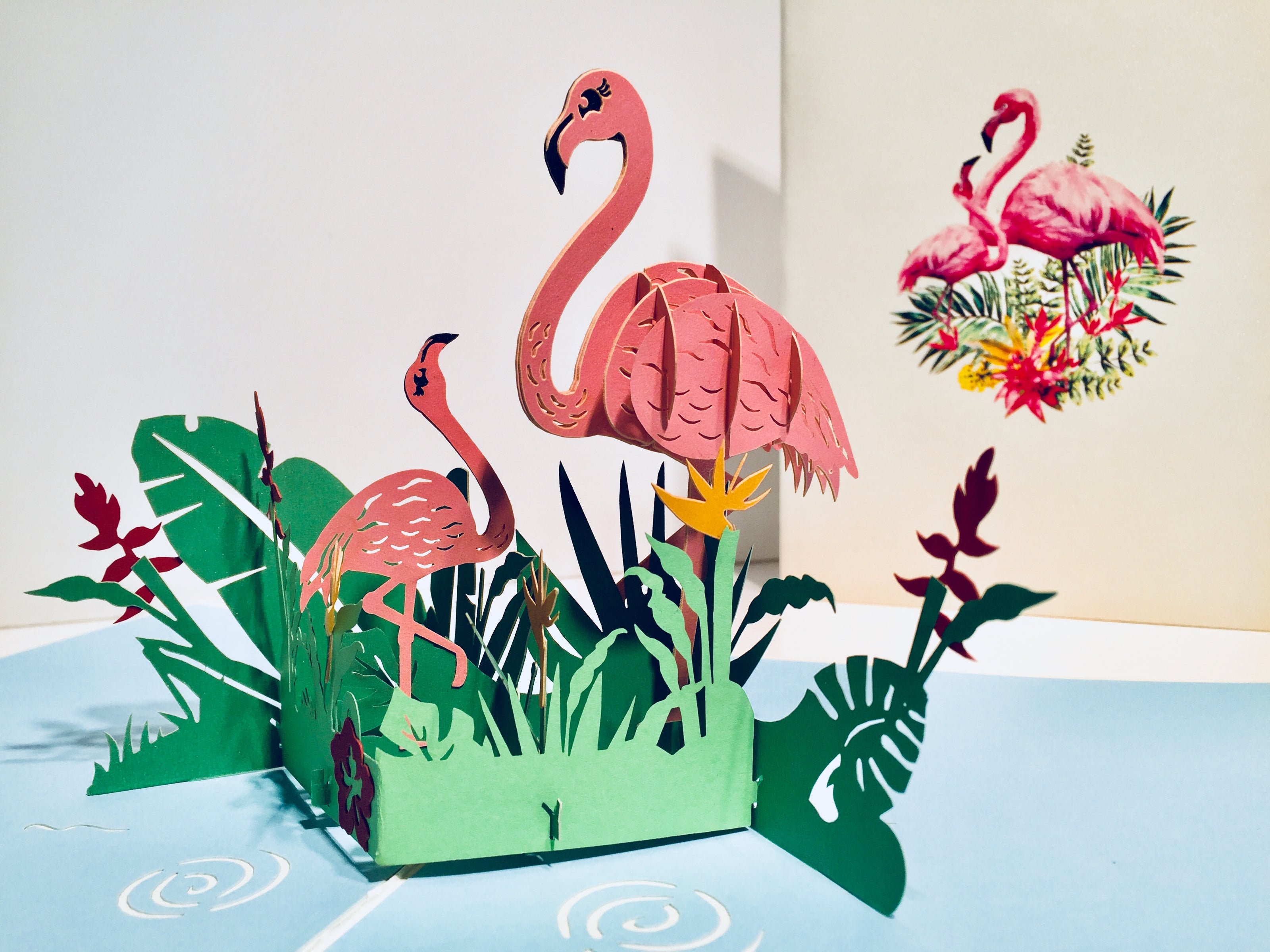 Large Pink Flamingos Mother & A Baby Origami Pop Cards 3D Pop Up Greeting Card Best Wishes Happy Birthday Gift Thank You Handmade Best Wishes Blank Card for Any Occasion Happy Mother's Day Happy Father's Day Celebration