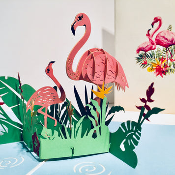 Large Pink Flamingos Mother & A Baby Origami Pop Cards 3D Pop Up Greeting Card Best Wishes Happy Birthday Gift Thank You Handmade Best Wishes Blank Card for Any Occasion Happy Mother's Day Happy Father's Day Celebration
